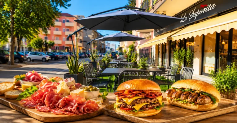 Area degustazione esterna de La Saporita a Villa San Giovanni con tavoli all'aperto, tagliere di salumi e formaggi, smash burger e panino con salsiccia.
